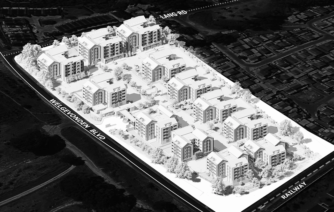 3D architectural model of a residential complex with multiple mid-rise buildings bordered by Welgevonden Blvd, Lang Rd, and Railway.