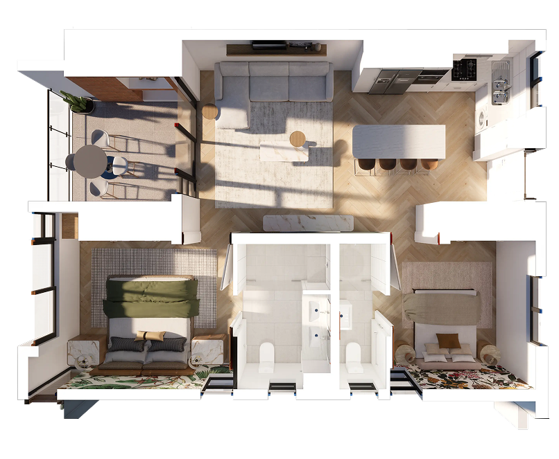 Top-down view of a furnished two-bedroom apartment floor plan with living room, kitchen with island, two bathrooms, and balcony with seating.