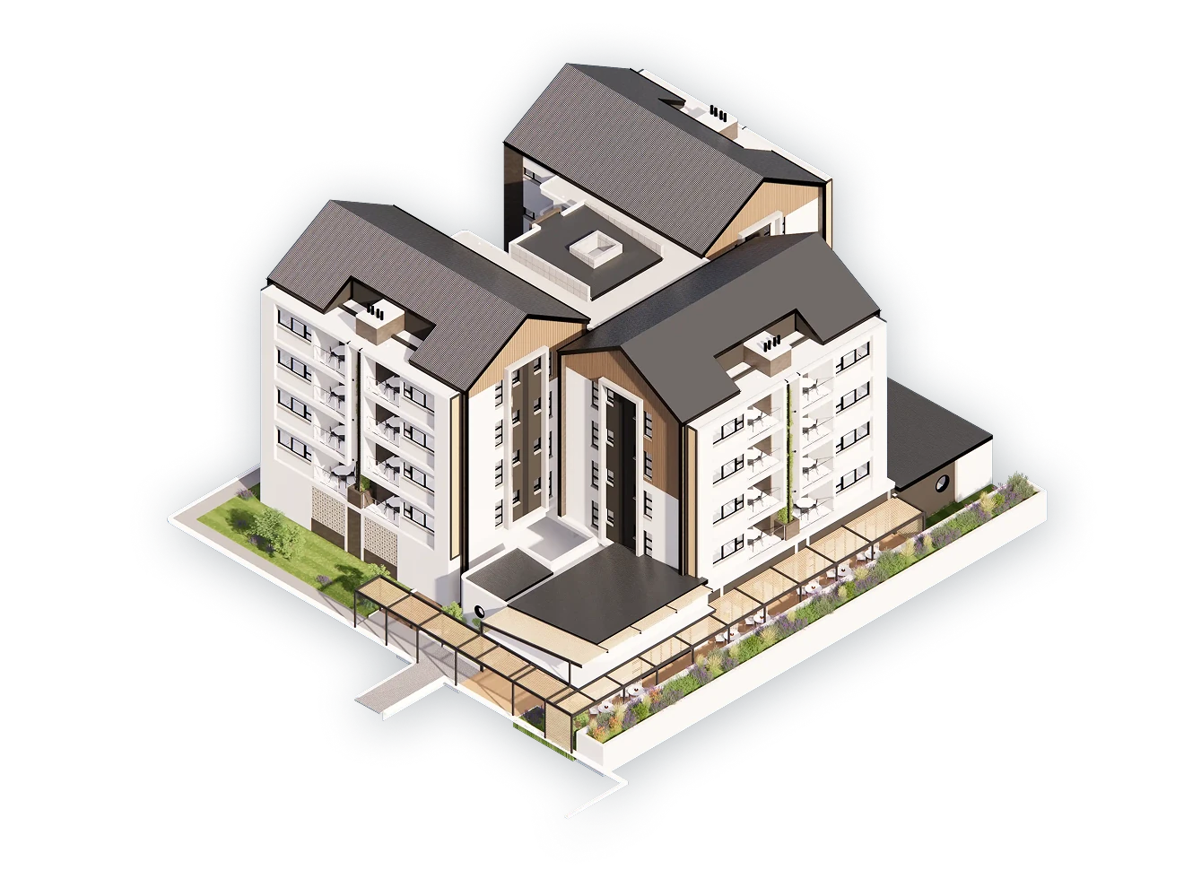3D architectural rendering of a modern three-building residential complex with balconies, pitched roofs, and outdoor seating areas surrounded by greenery.
