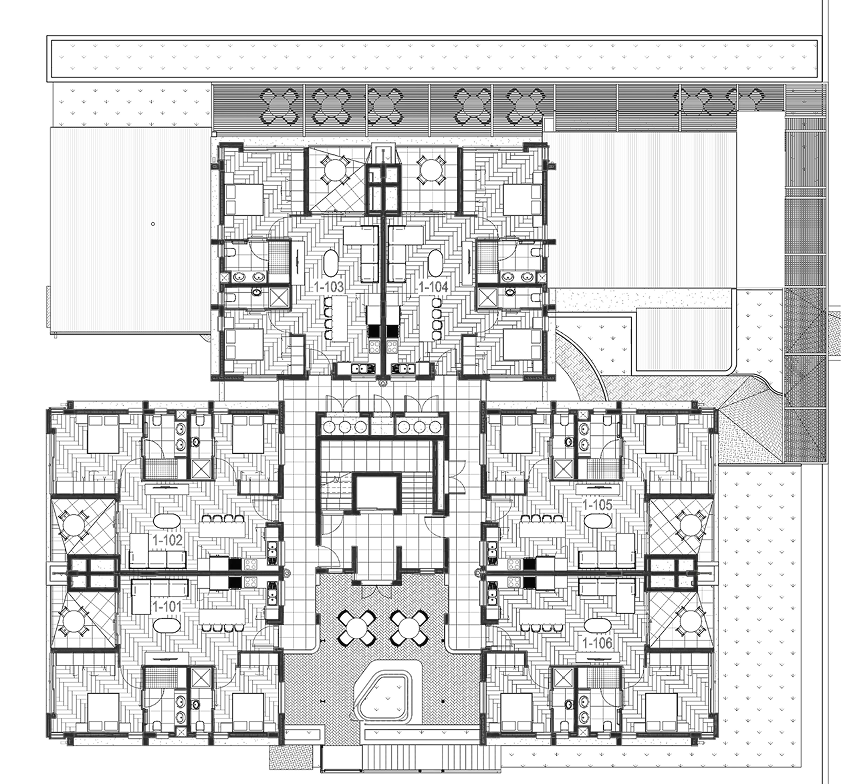 Architectural floor plan showing six labeled apartment units (1-101 to 1-106) arranged around a central lobby with elevators and stairs.