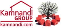 Kamnandi Group logo with stylized red house outline and cluster of uprooted tree with red houses.