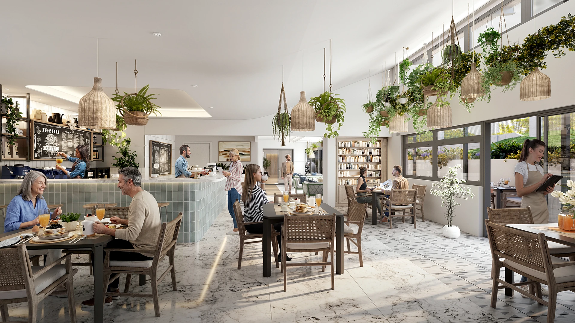 Bright, modern deli with hanging plants, wooden furniture, a tiled counter, and people dining and ordering food.