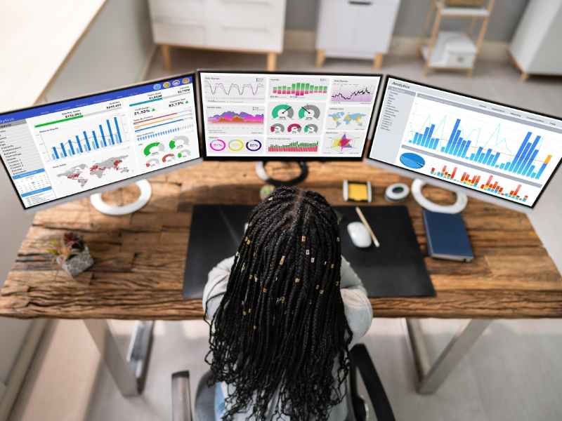 Operations executive reviewing multiple systems and portfolio-wide data