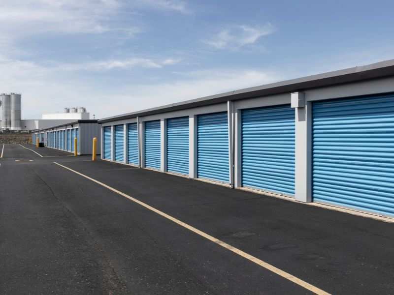 Aerial view of a self-storage facility with rows of drive-up units