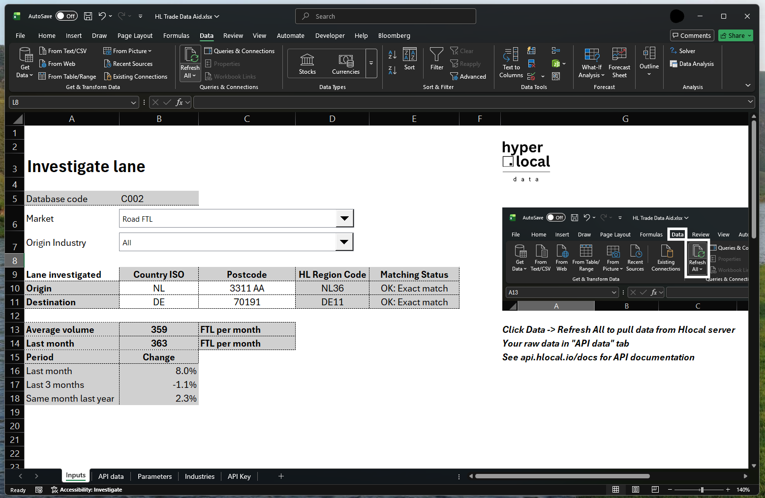 Screenshot of Excel helper tool for monthly freight volume data.