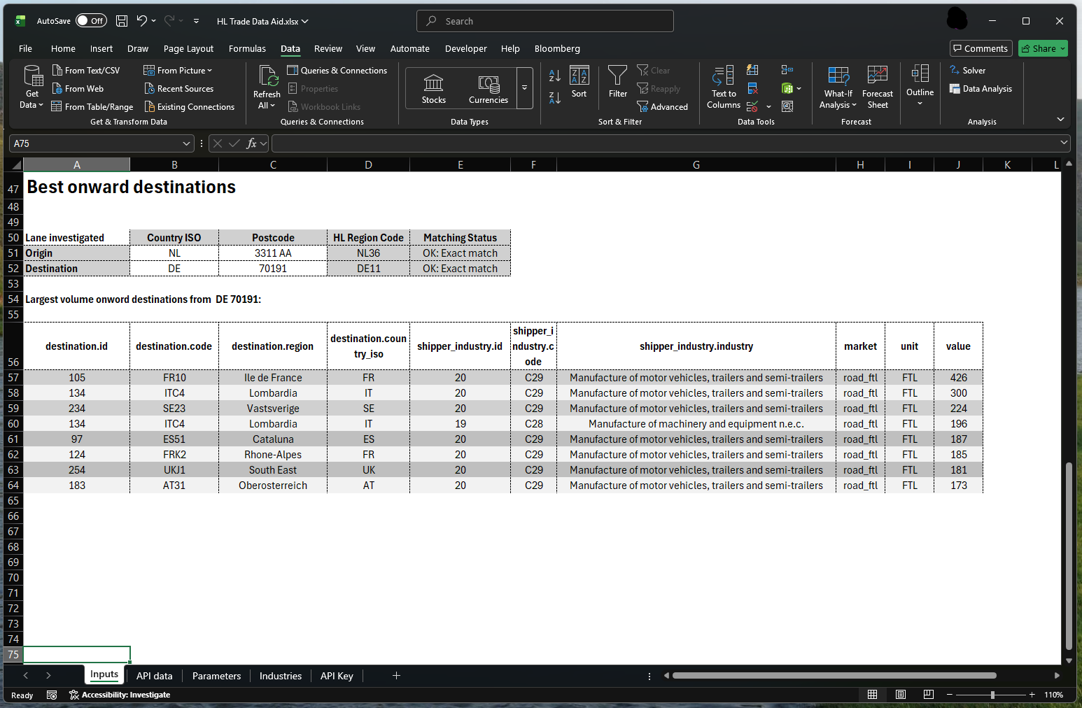 Screenshot of Excel helper tool for monthly freight volume data.