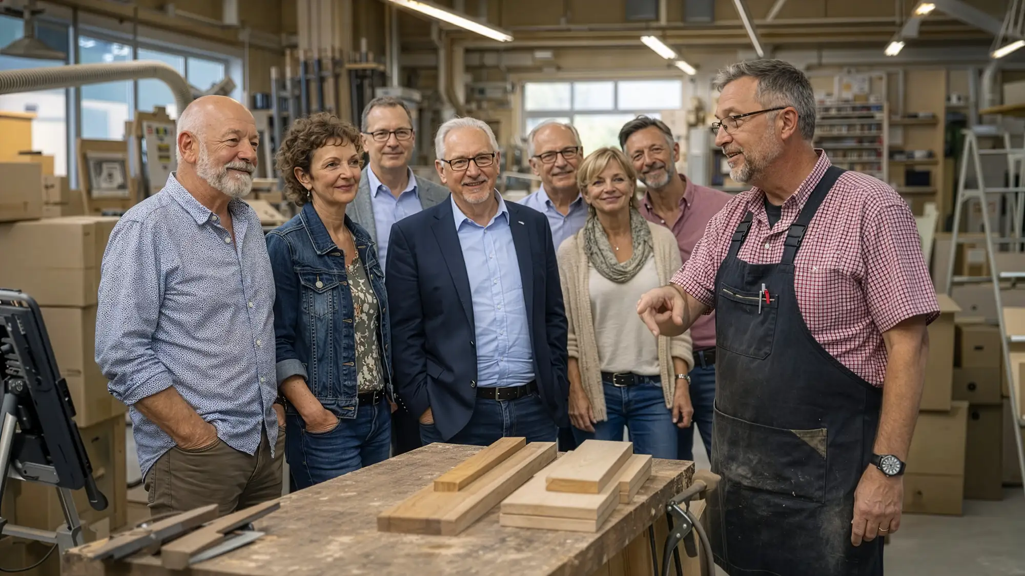Gruppe von sieben Personen hört einem Mann in Schürze in einer Holzwerkstatt zu.