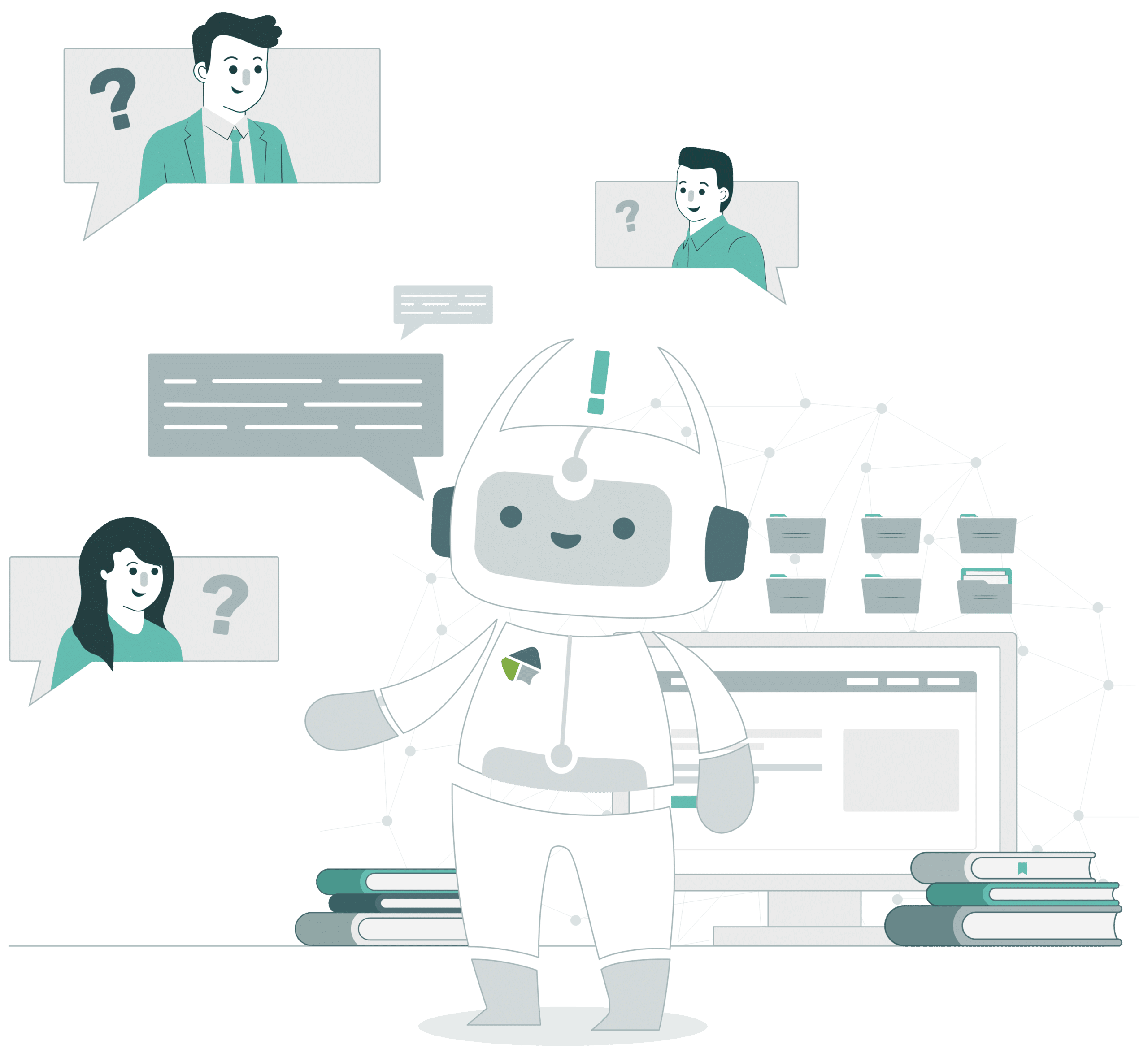 Illustration eines Chatbots, der Fragen von Mitarbeitenden beantwortet – symbolisiert, wie Unternehmenswissen durch KI zugänglich gemacht und effizient bereitgestellt wird.