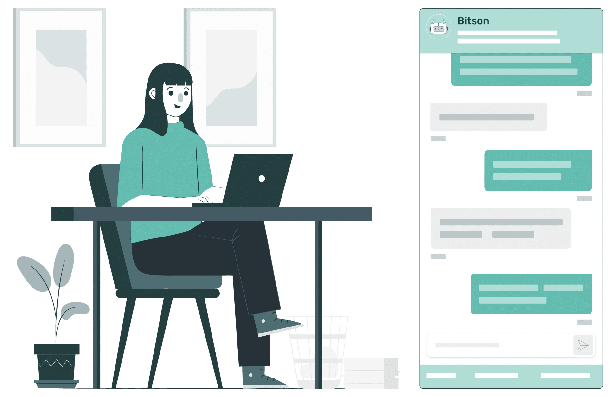 Illustration einer Mitarbeiterin am Laptop mit geöffnetem Chatfenster – symbolisiert automatisierte Information über Weiterbildungsangebote durch HR-Chatbots.