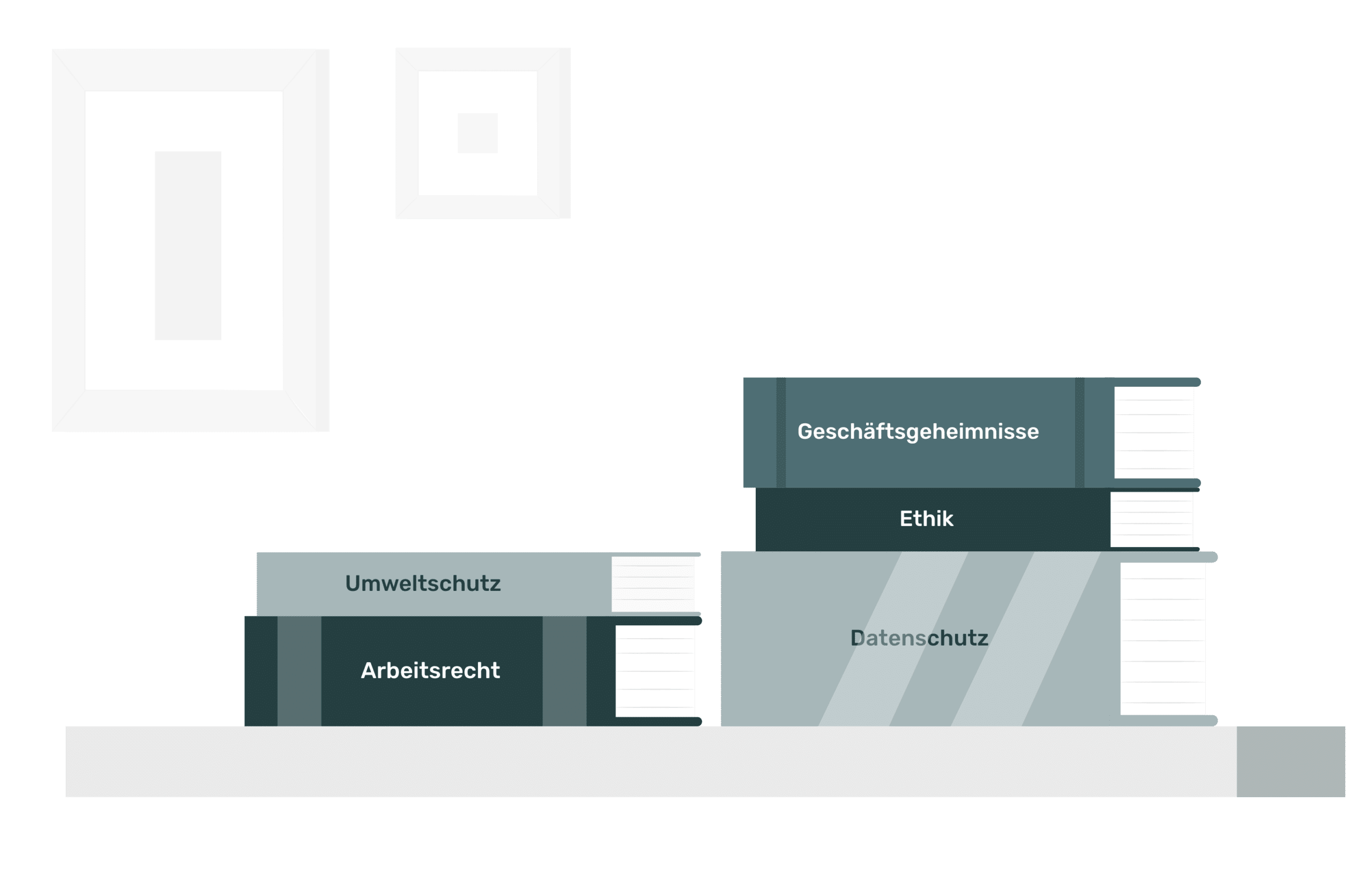 Illustration eines Bücherstapels mit Themen wie Datenschutz, Ethik, Arbeitsrecht und Umweltschutz – symbolisiert, wie HR-Chatbots Mitarbeitende bei Compliance-Themen unterstützen.