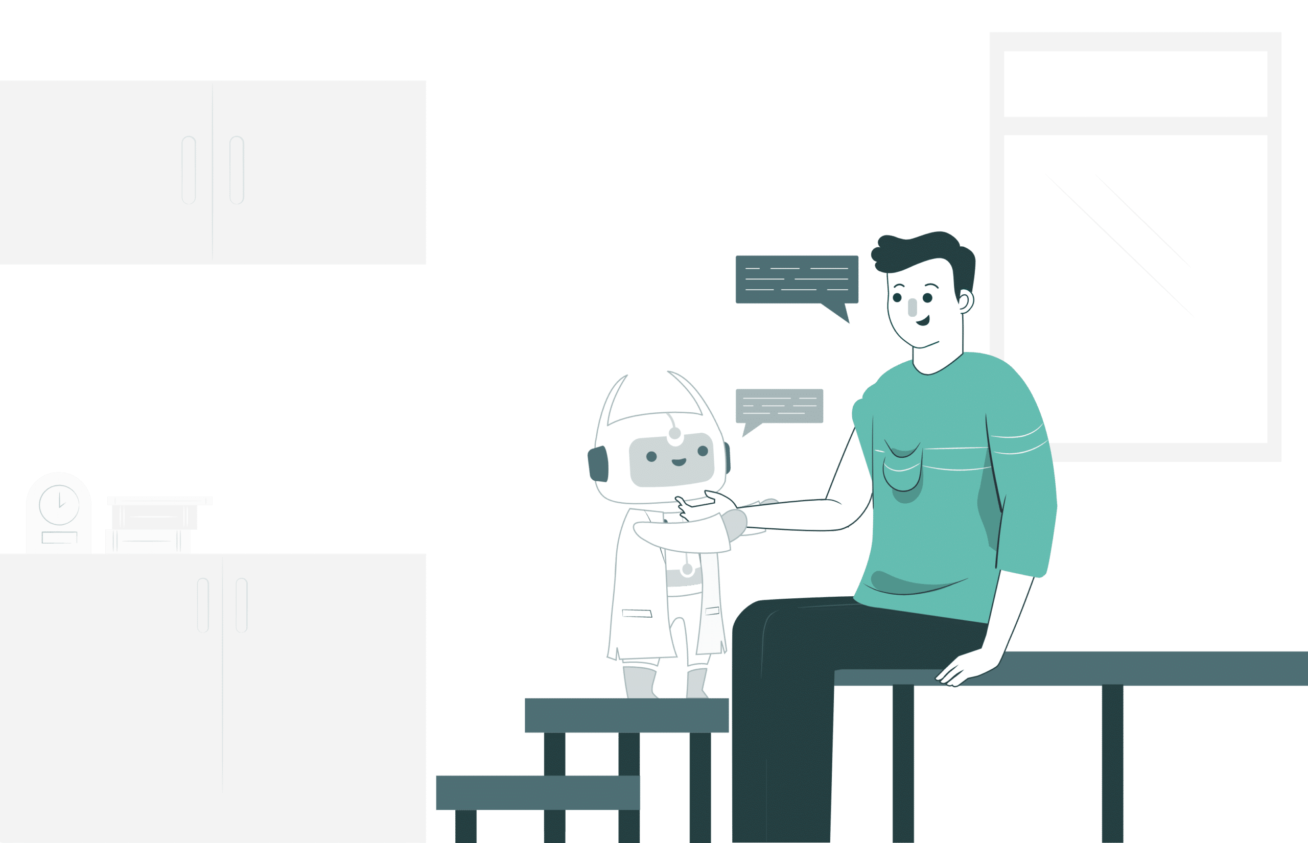 Illustration eines Mitarbeiters im Gespräch mit einem kleinen Chatbot – symbolisiert offene Kommunikation und die Gewinnung von HR-relevantem Feedback durch digitale Assistenten.