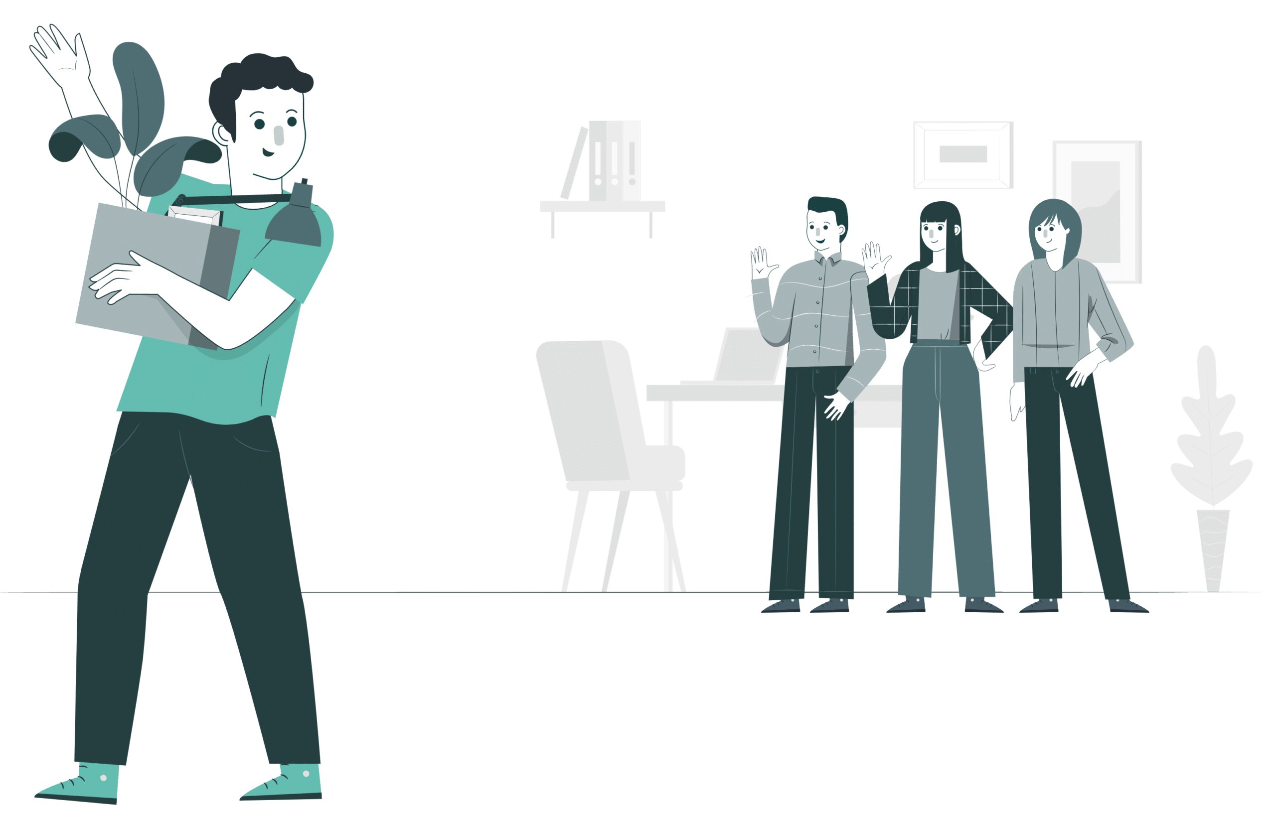 Illustration eines Mitarbeiters beim Abschied mit Umzugskarton, während Kollegen winken.