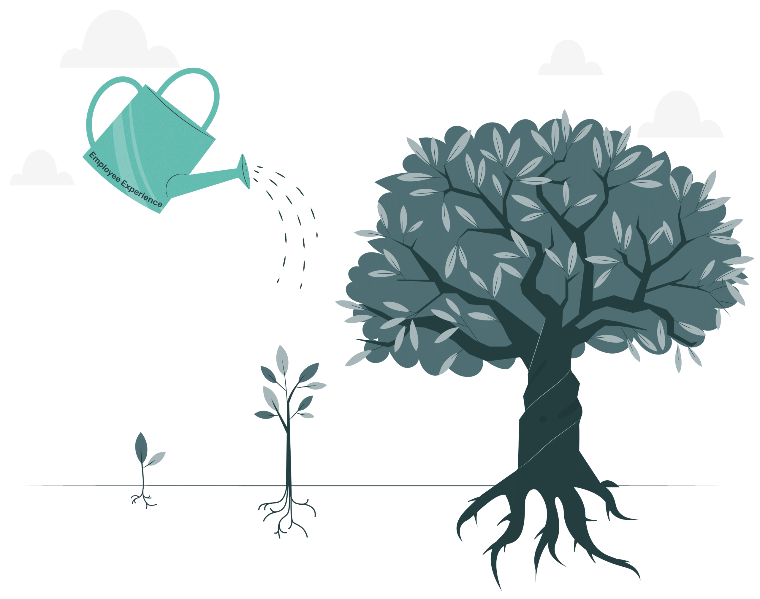 Illustration einer Gießkanne, die ein wachsendes Pflänzchen bewässert – symbolisiert, wie HR-Chatbots beim Onboarding unterstützen und eine nachhaltige Employee-Experience schaffen.
