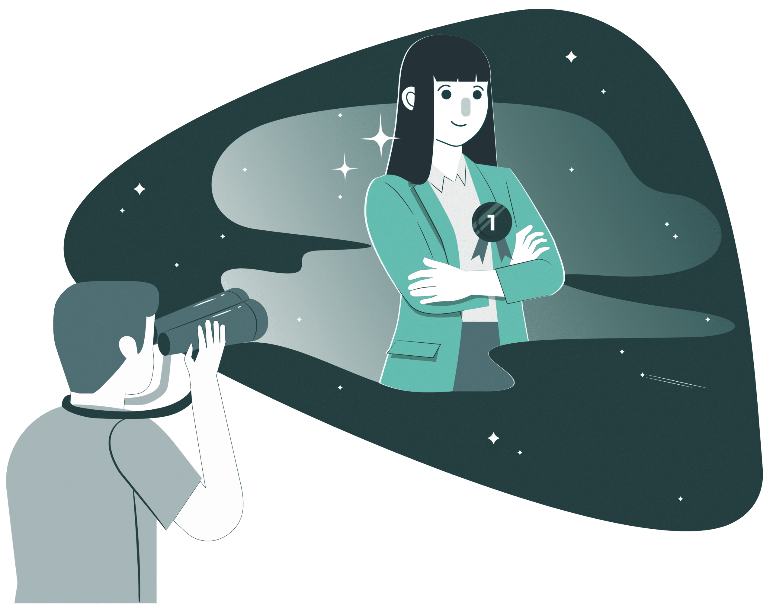 Illustration eines Recruiters mit Fernglas, der gezielt nach Bewerbern sucht – symbolisiert automatisierte Talentgewinnung durch intelligente HR-Chatbots.