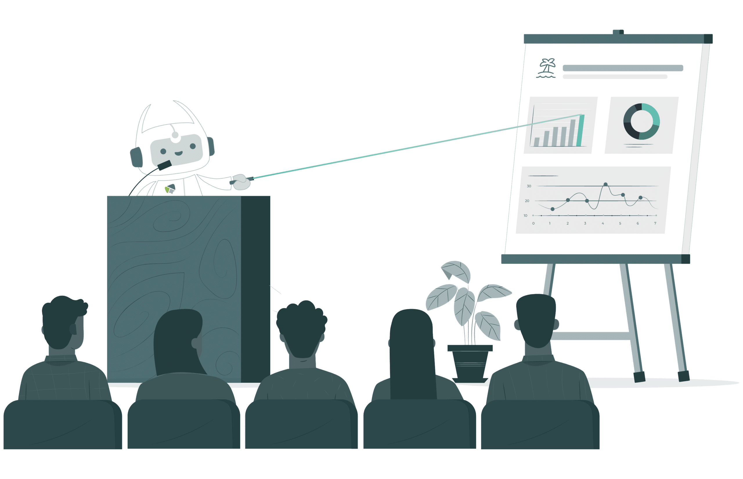 Ein Chatbot hält eine Präsentation vor Publikum und zeigt auf ein Flipchart mit Diagrammen – symbolisiert Wissenstransfer, Ratgeber-Inhalte und Schulungen rund um Chatbots.