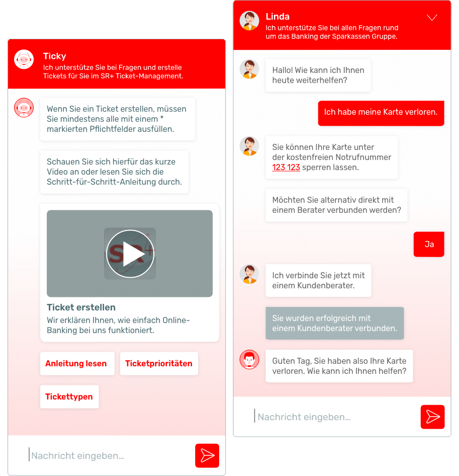 Zwei Chatfenster eines Kundenservice-Systems: Links Assistenz durch Ticky mit Ticket-Erstellung und Anleitungsvideo, rechts Gespräch mit Linda zur Kartenverlustmeldung und Verbindung zu Kundenberater.