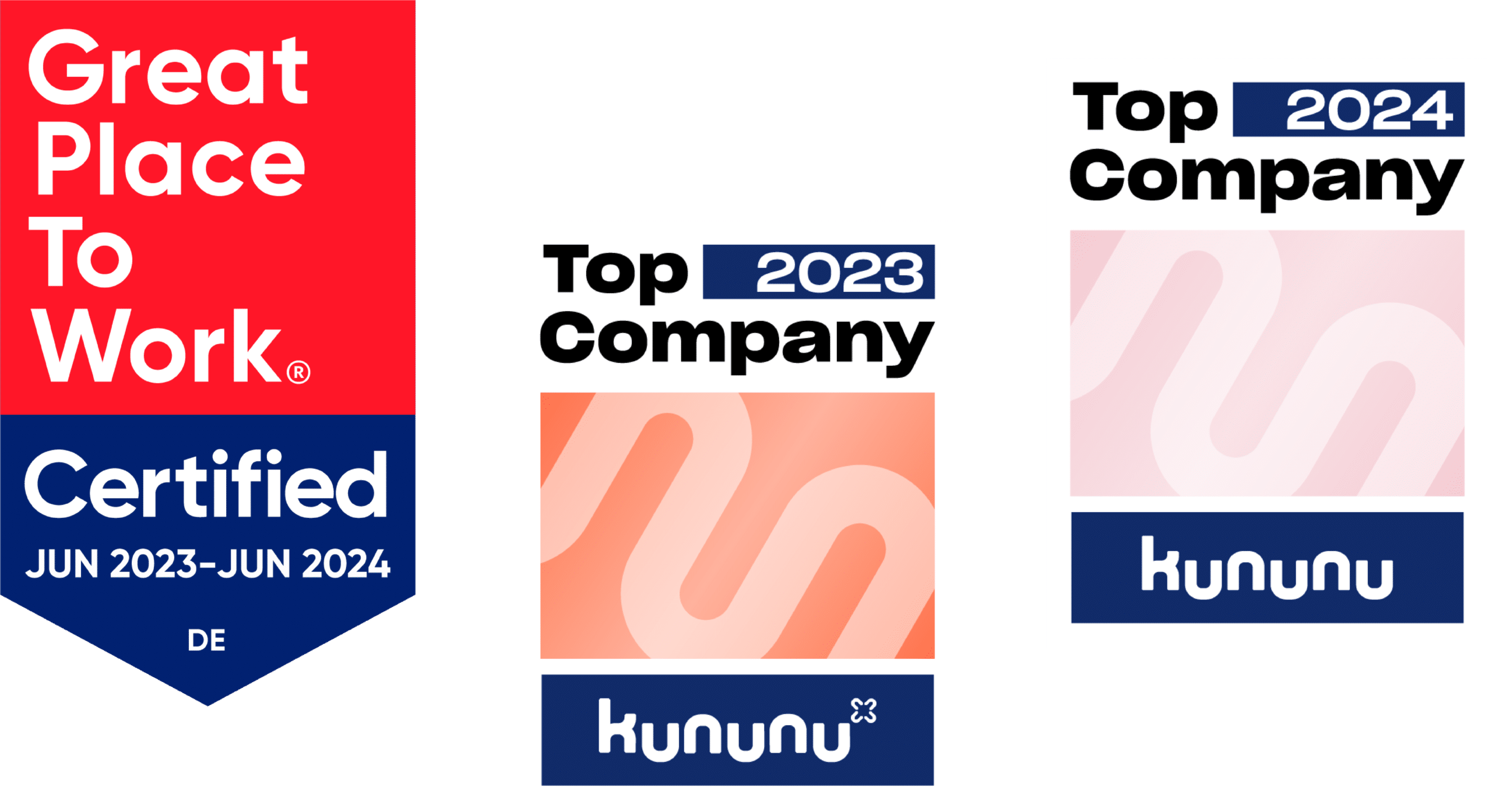 Abbildung von drei Auszeichnungen: Great Place to Work 2023/2024 und kununu Top Company 2023 und 2024 – steht für hohe Mitarbeiterzufriedenheit und exzellente Unternehmenskultur.
