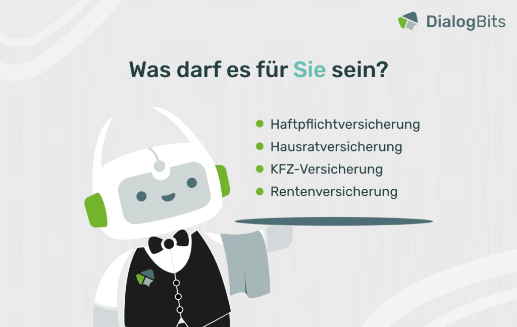 Illustration eines freundlichen Chatbots als Kellner, der verschiedene Versicherungsoptionen wie Haftpflicht-, Hausrat-, KFZ- und Rentenversicherung präsentiert.