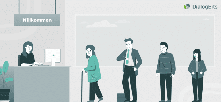 Illustration einer Bankschalter-Situation mit wartenden Kunden in einer Schlange – Symbol für klassische Kundenbetreuung vs. digitale Alternativen.