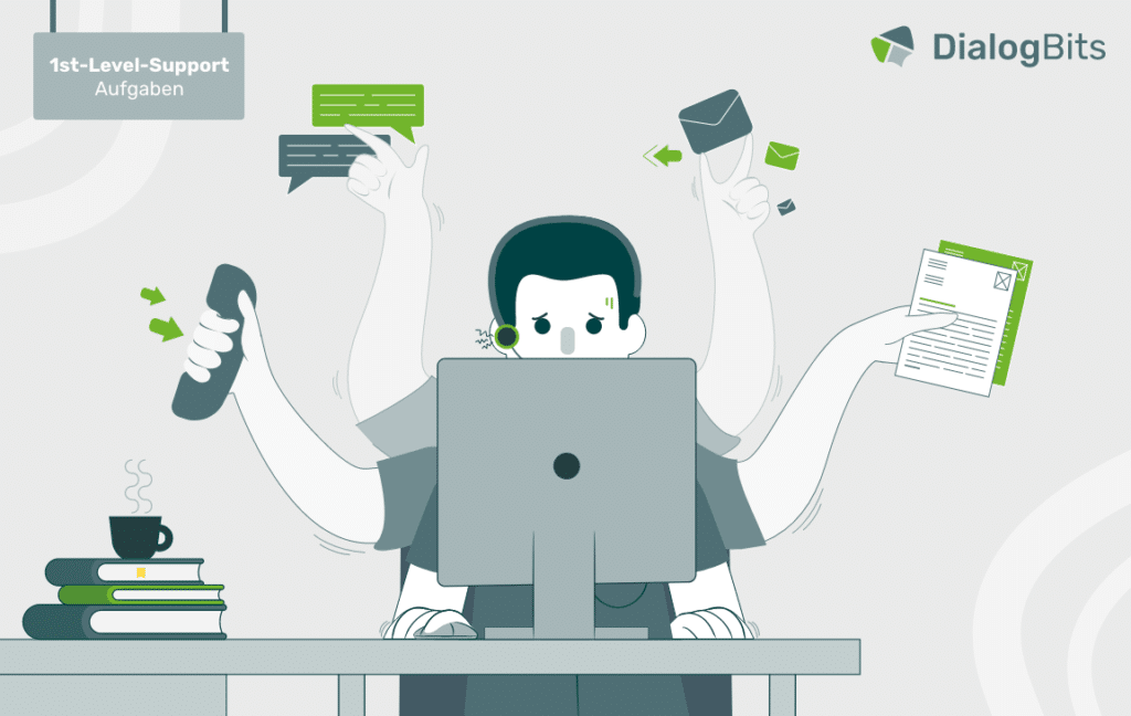Illustration eines gestressten First-Level-Support-Mitarbeiters mit mehreren Armen, der gleichzeitig telefoniert, tippt und Dokumente bearbeitet