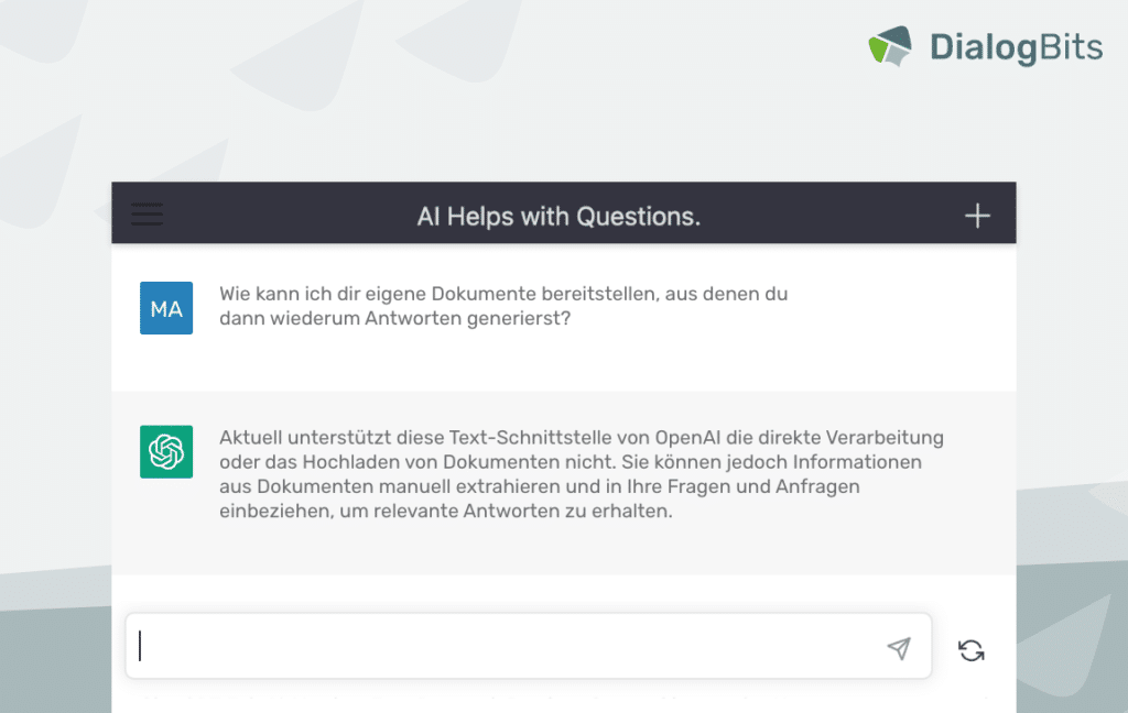 Chat-Interface von ChatGPT mit einer Nutzerfrage zur Verarbeitung eigener Dokumente und einer Antwort zur aktuellen Unterstützung durch die KI.