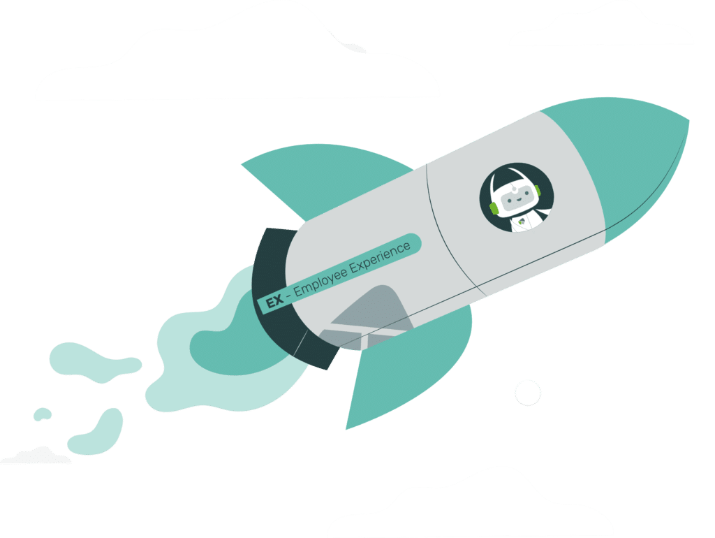 Illustration einer Rakete mit Chatbot-Figur und „Employee Experience“-Label – symbolisiert, wie HR-Chatbots Prozesse beschleunigen und das Personalmanagement unterstützen.