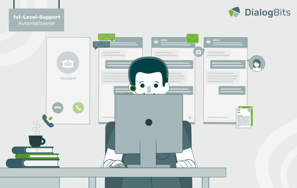 Illustration eines First-Level-Support-Mitarbeiters am Computer mit Voicebot, Chats und automatisierten Systemen zur effizienten Kundenbetreuung