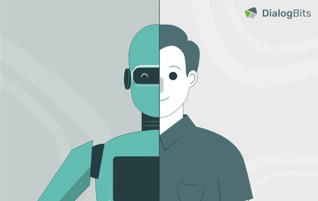 Illustration zeigt eine gespaltene Figur – eine Hälfte als Roboter, die andere als Mensch.