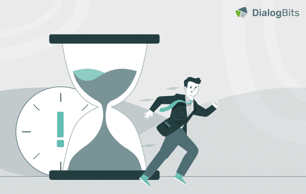 Illustration eines gestressten Support-Mitarbeiters, der vor einer riesigen Sanduhr und einer tickenden Uhr im Hintergrund davonläuft. Das Bild symbolisiert Zeitdruck und die Herausforderungen im Kundenservice.