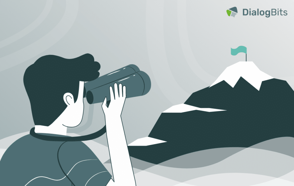 Illustration eines Mannes mit Fernglas, der einen Berg mit einer Zielflagge betrachtet. Das Bild symbolisiert strategische Weitsicht und die Suche nach Verbesserungen im Kundenservice.