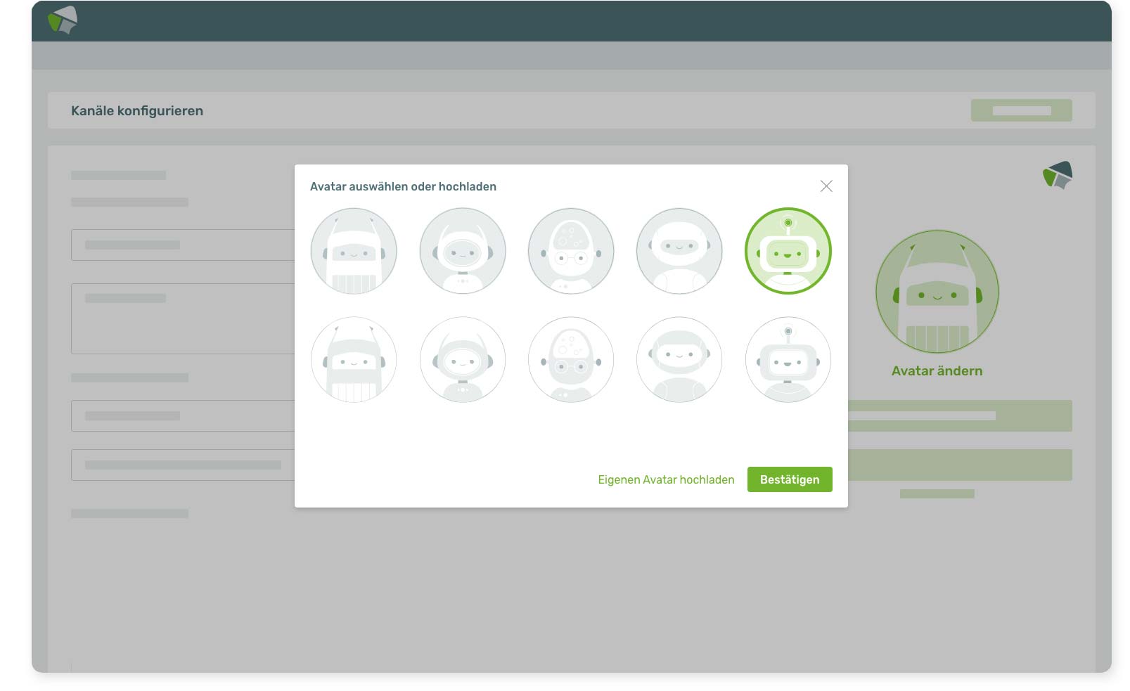 Benutzeroberfläche in der DialogBits Plattform zur Auswahl eines Chatbot-Avatars mit mehreren Designs und der Option, einen eigenen Avatar hochzuladen.