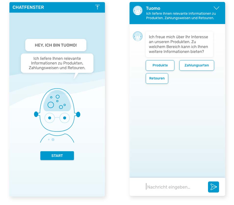 Benutzeroberfläche eines Chatbots mit Begrüßungsnachricht und Auswahlmöglichkeiten für Produkt-, Zahlungs- und Retoureninformationen.