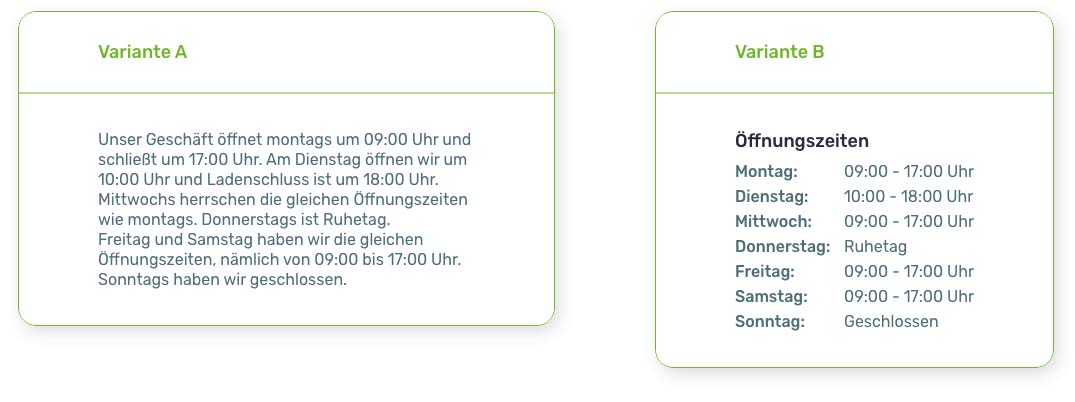 Zwei Varianten zur Darstellung von Öffnungszeiten: Variante A als Fließtext, Variante B als übersichtliche Tabelle.