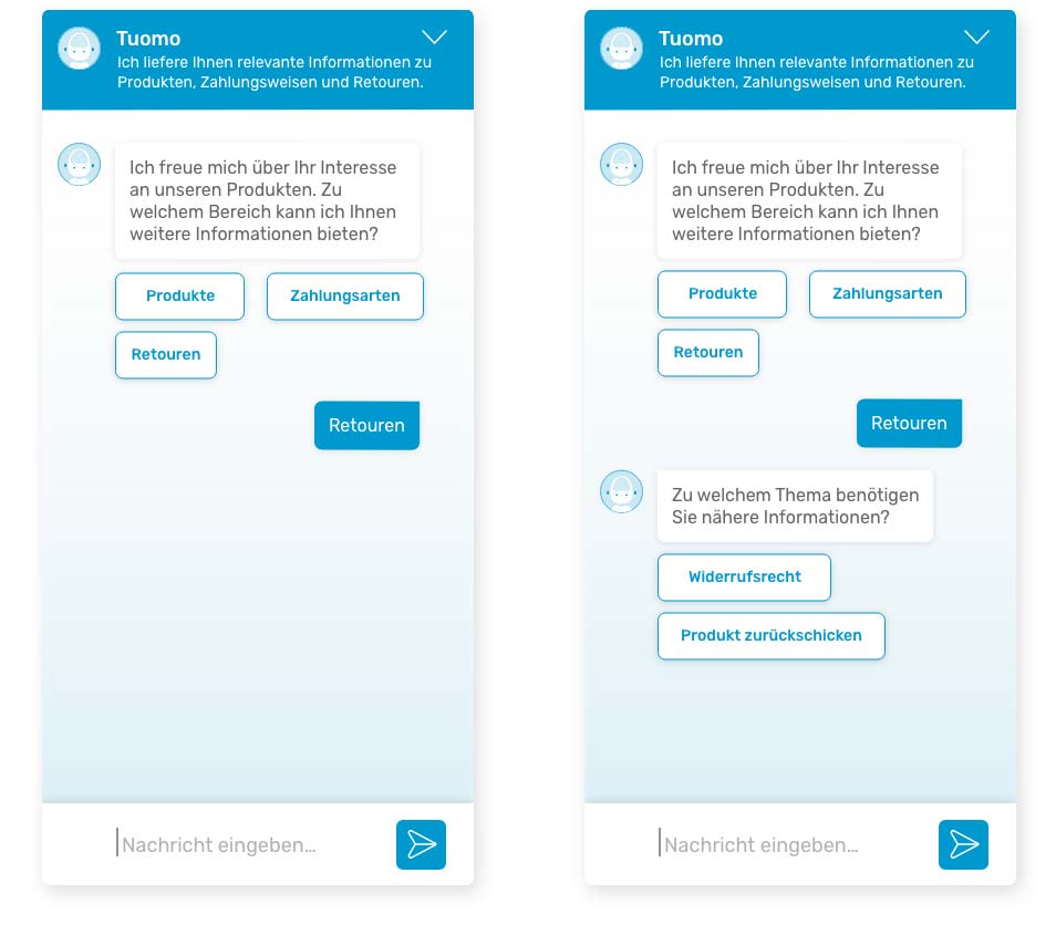 Chatbot-Interaktion mit geführten Dialogpfaden, bei denen Nutzer durch Klick auf Antwortoptionen Informationen zu Produkten, Zahlungsarten oder Retouren erhalten.