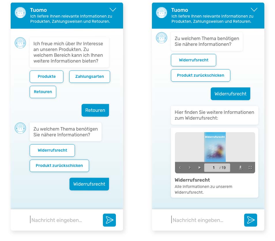 Chatbot-Dialog mit klickbaren Antwortoptionen und einer eingebetteten PDF-Datei als visuelle Unterstützung.