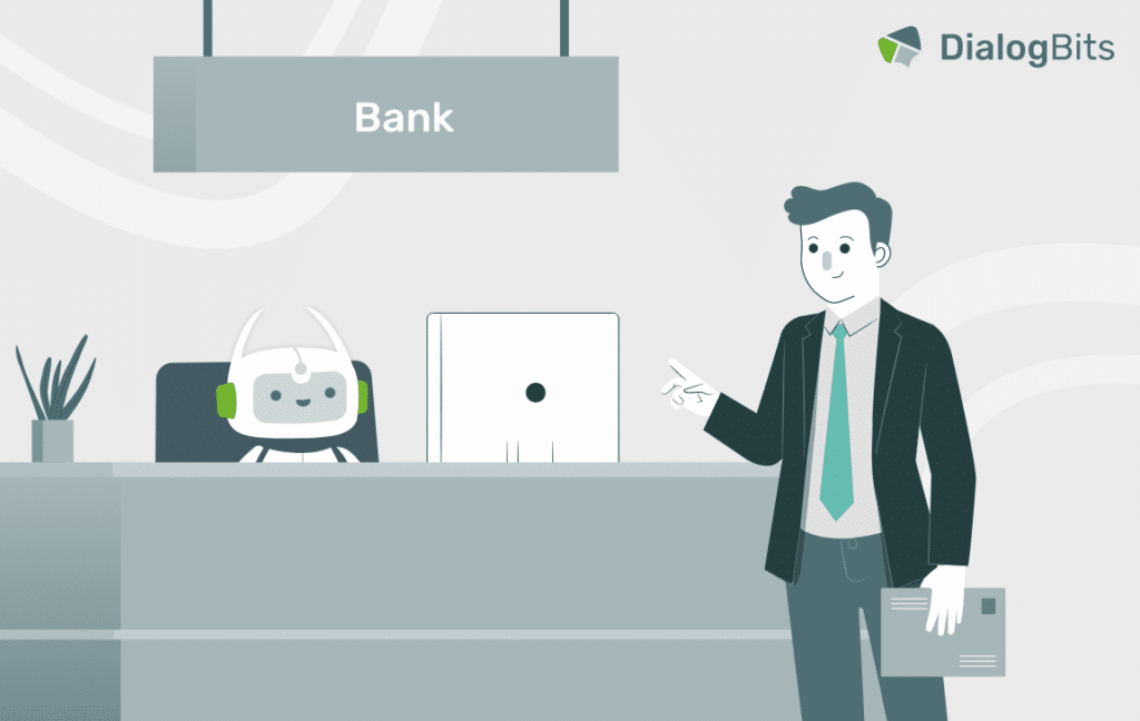 Illustration eines freundlichen Chatbots an einem Bankschalter, der einen Kunden bedient und symbolisiert, wie KI Aufgaben im Bankwesen übernimmt