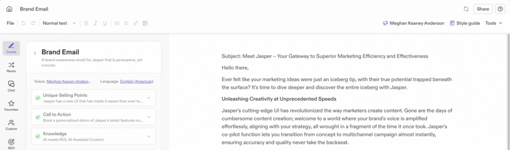 Screenshot eines Brand-Email-Entwurfs in Jasper AI zur Erstellung überzeugender Marketingtexte.