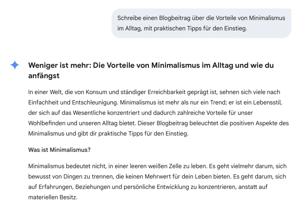 Screenshot eines KI-generierten Blogbeitrags zum Thema Minimalismus im Alltag mit praktischen Tipps für den Einstieg.