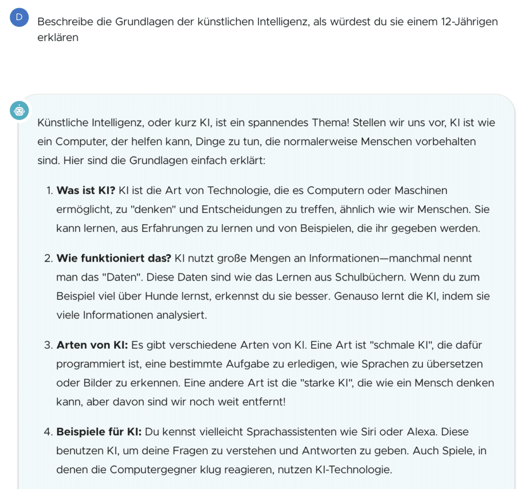 Chatverlauf mit ChatFlash zur Erklärung der Grundlagen der Künstlichen Intelligenz für Kinder.