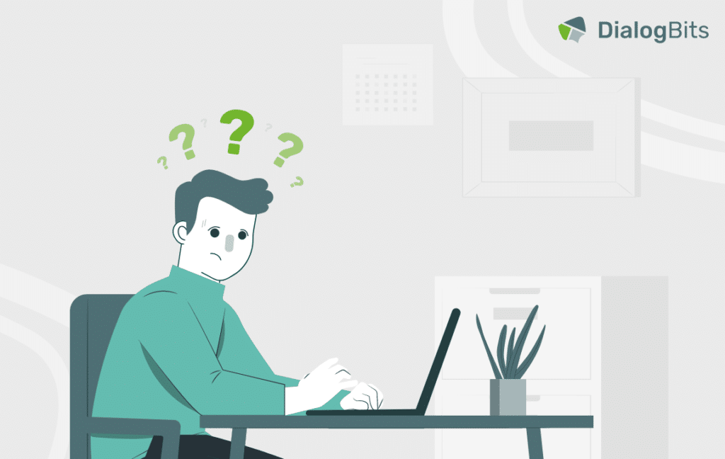Illustration eines verwirrten Nutzers mit Fragezeichen über dem Kopf, der an einem Laptop sitzt und nach Informationen sucht.