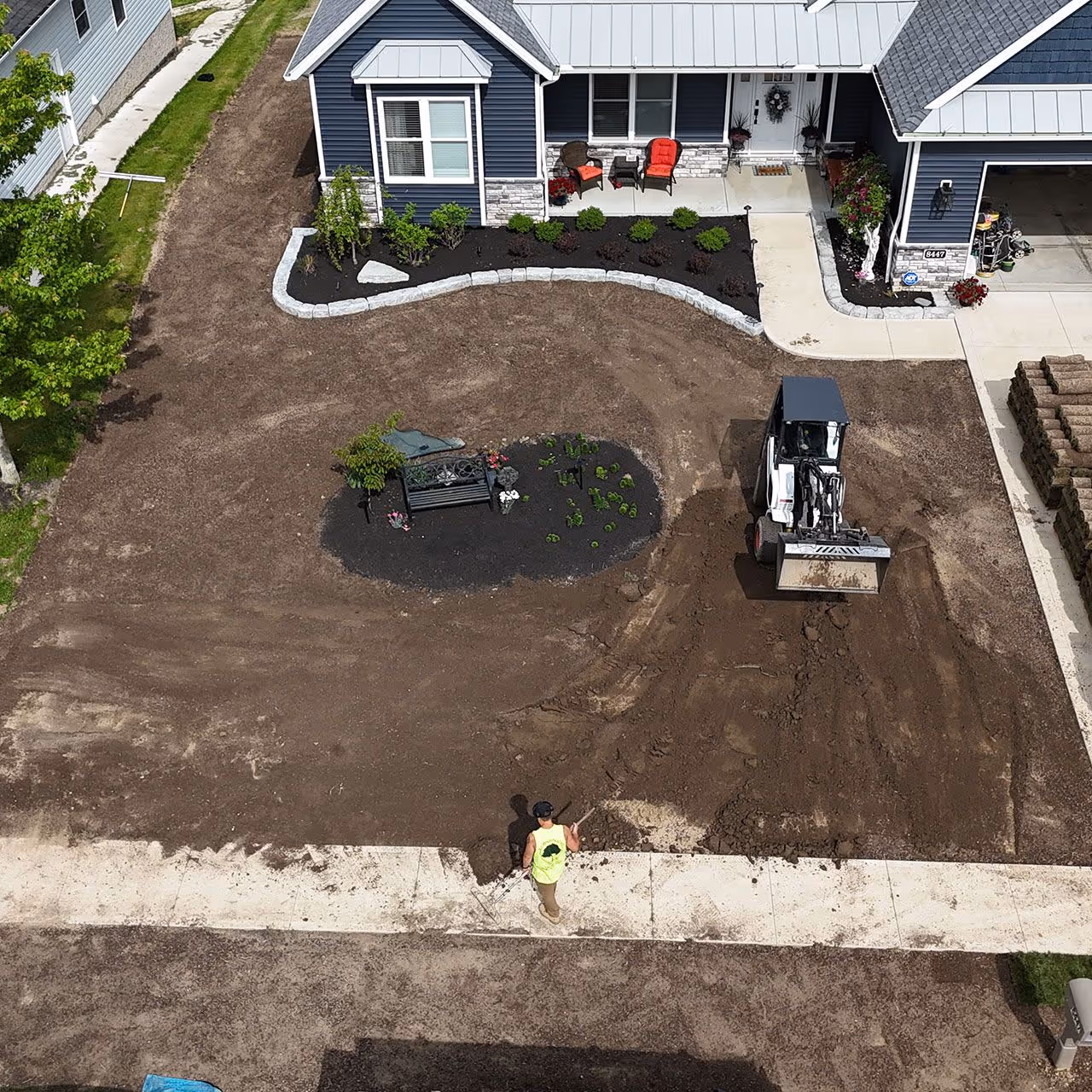 Aerial view of new HOA lawn and landscaping project by JJs beautification services. 