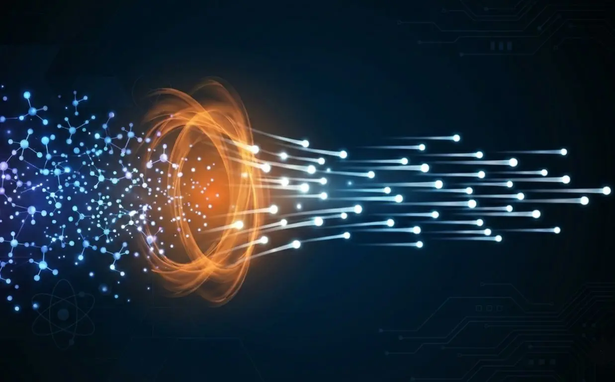 Abstract visualization of AI-powered innovation flowing through connected processes