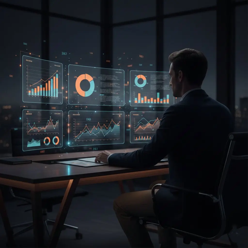 Innovation professional reviewing AI-powered analytics and data visualizations