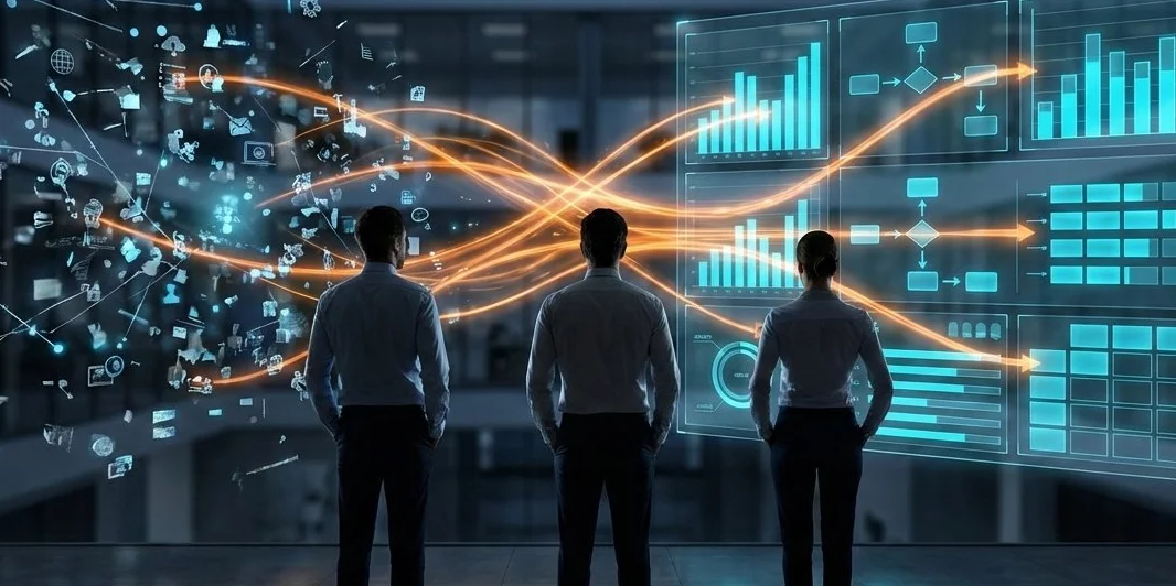 Team collaborating on AI-powered innovation strategy with data visualizations