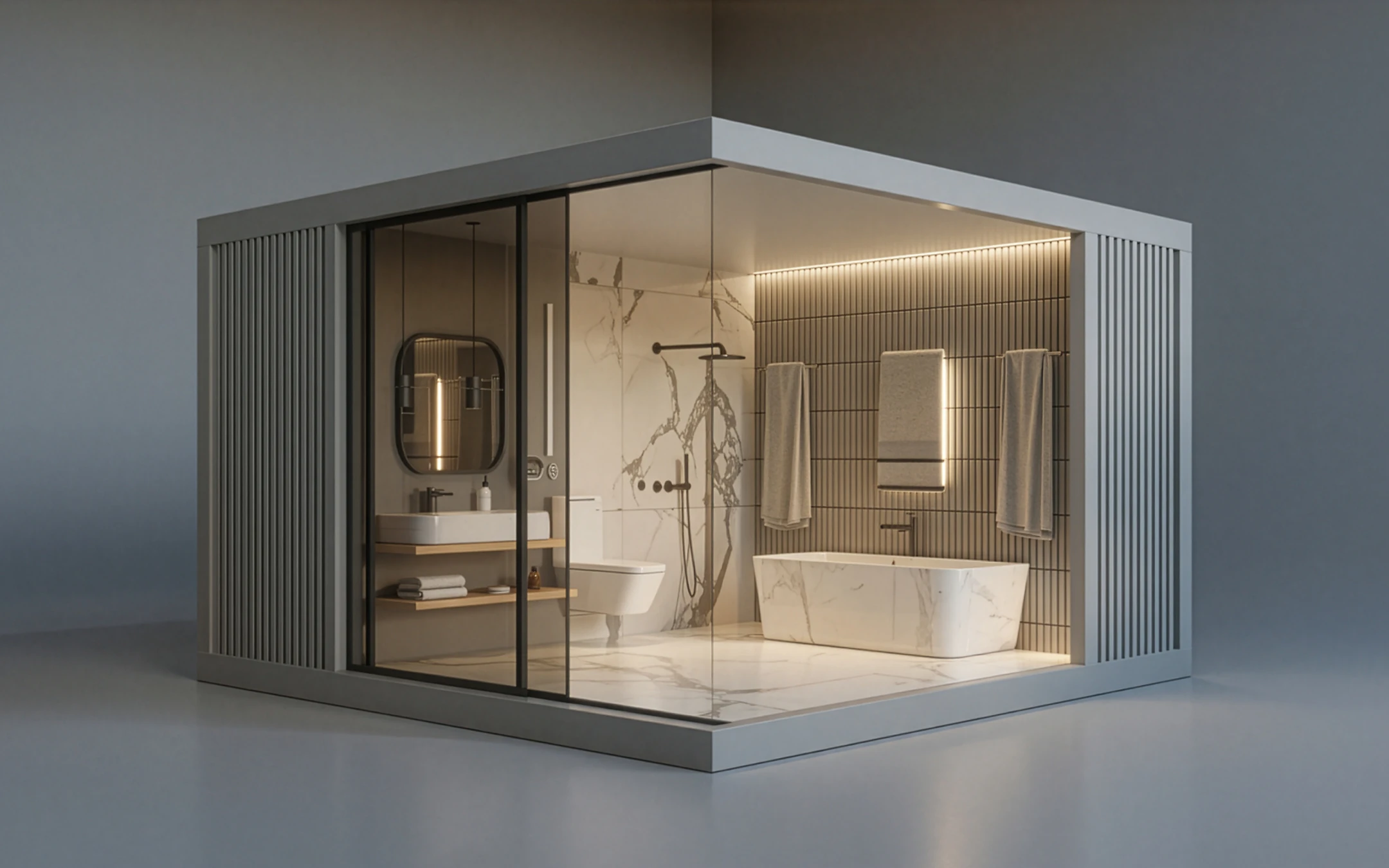Bagno moderno con pareti in marmo e piastrelle, vasca da bagno autonoma, lavabo con specchio rotondo e doccia a soffitto.