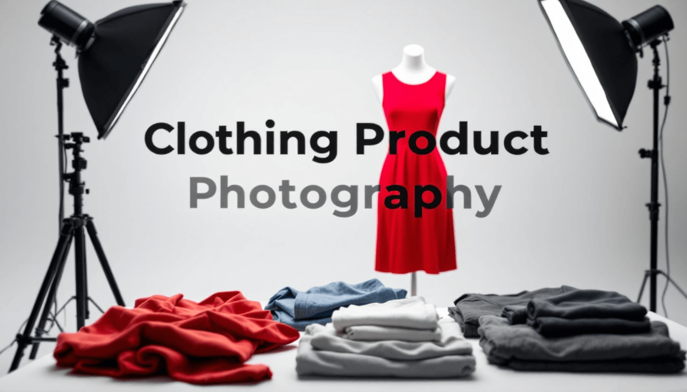 Creative clothing photography collage showing flat lay, ghost mannequin, lifestyle, and detail macro images for an apparel product page