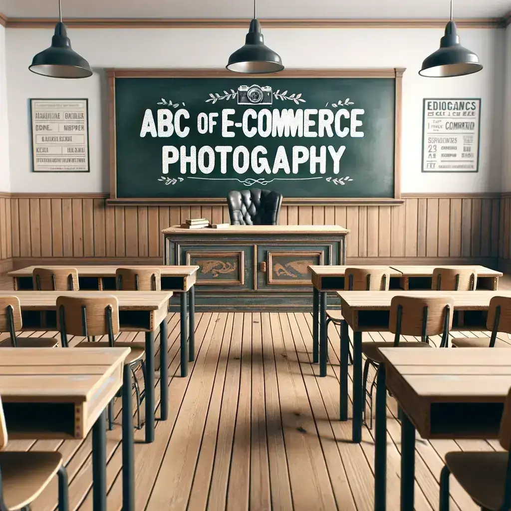 Traditional school classroom with wooden desks, a chalkboard, and a central table prominently displaying the text 'ABC OF E-COMMERCE PHOTOGRAPHY' in bold letters, with no posters on the surrounding walls.