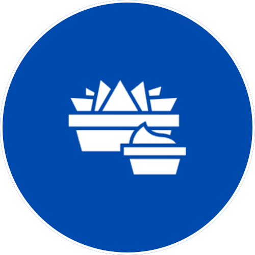 Icon of a bowl of chips with a smaller bowl of dip on a blue circular background.