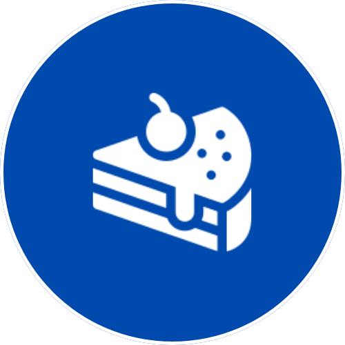 Icon of a slice of cake with cherry and icing on a blue circular background.