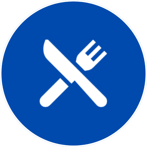 White knife and fork crossed inside a blue circle, representing food or dining.